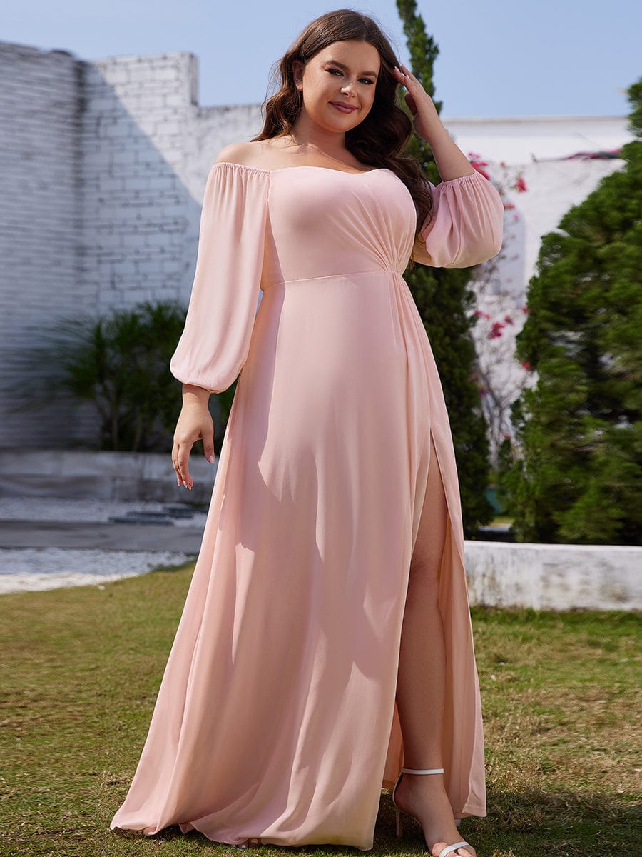 Plus Size High-Slit Waist Pleated Bridesmaid Dress with Long Sleeves #color_Pink