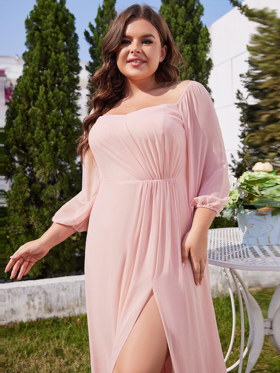 Plus Size High-Slit Waist Pleated Bridesmaid Dress with Long Sleeves #color_Pink