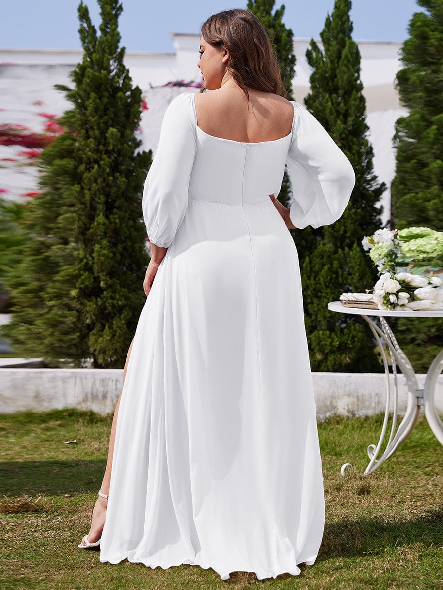 Plus Size High-Slit Waist Pleated Bridesmaid Dress with Long Sleeves #color_White