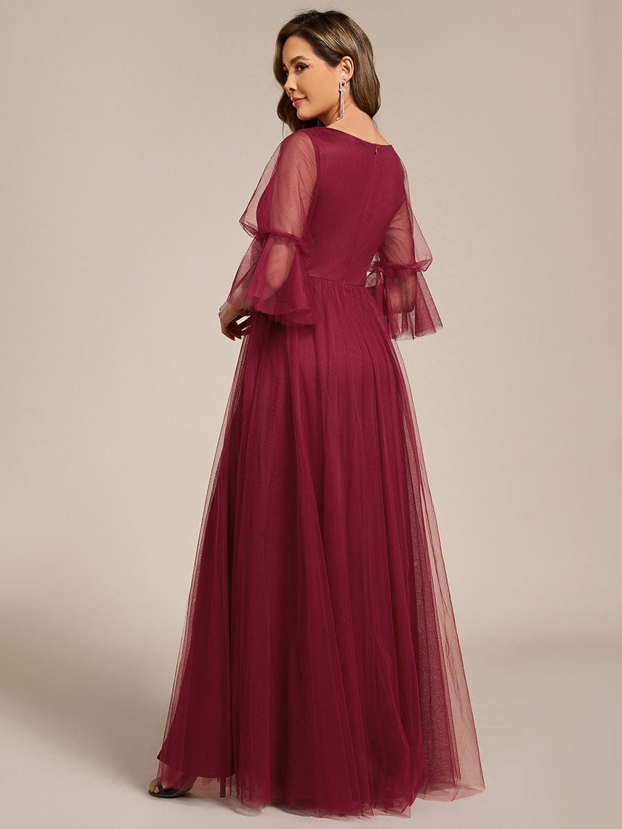 Lantern Long Sleeve Split Maxi Bridesmaid Dresses #color_Burgundy