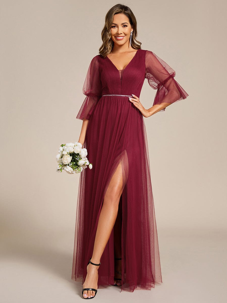 Lantern Long Sleeve Split Maxi Bridesmaid Dresses #color_Burgundy