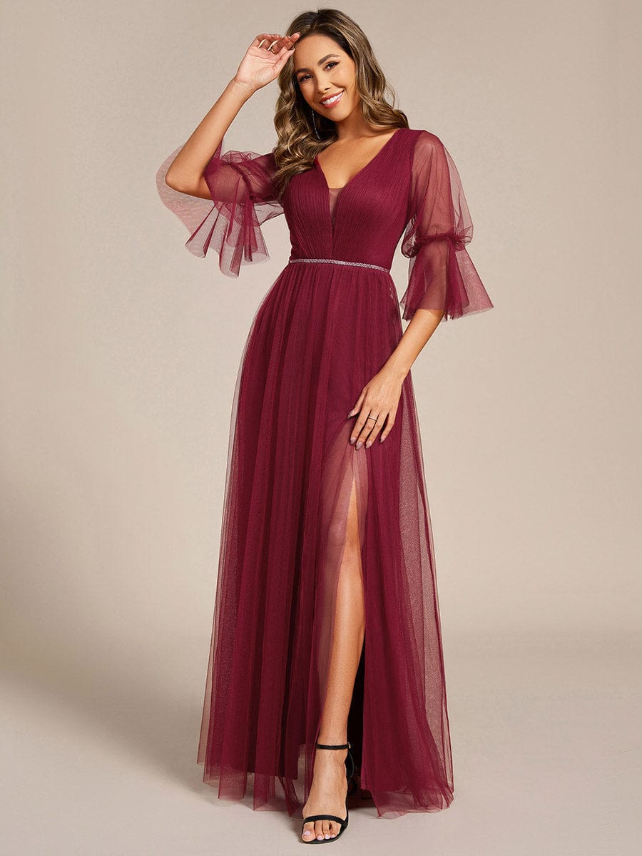 Lantern Long Sleeve Split Maxi Bridesmaid Dresses #color_Burgundy