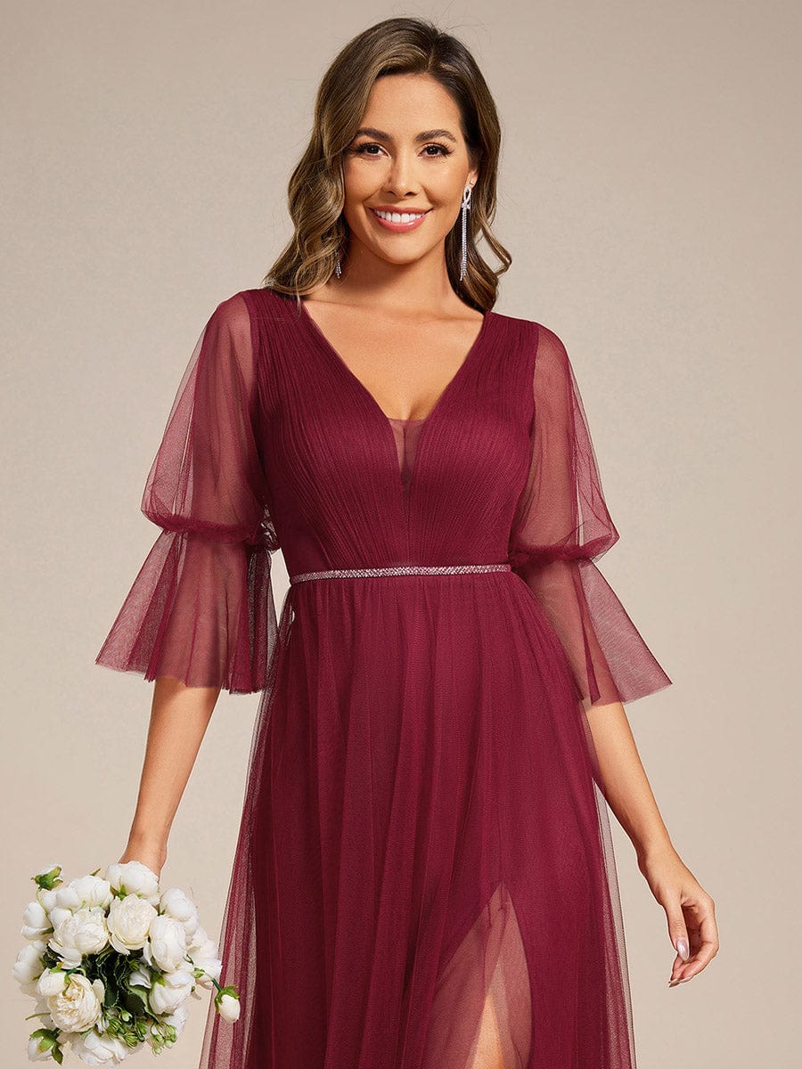 Lantern Long Sleeve Split Maxi Bridesmaid Dresses #color_Burgundy