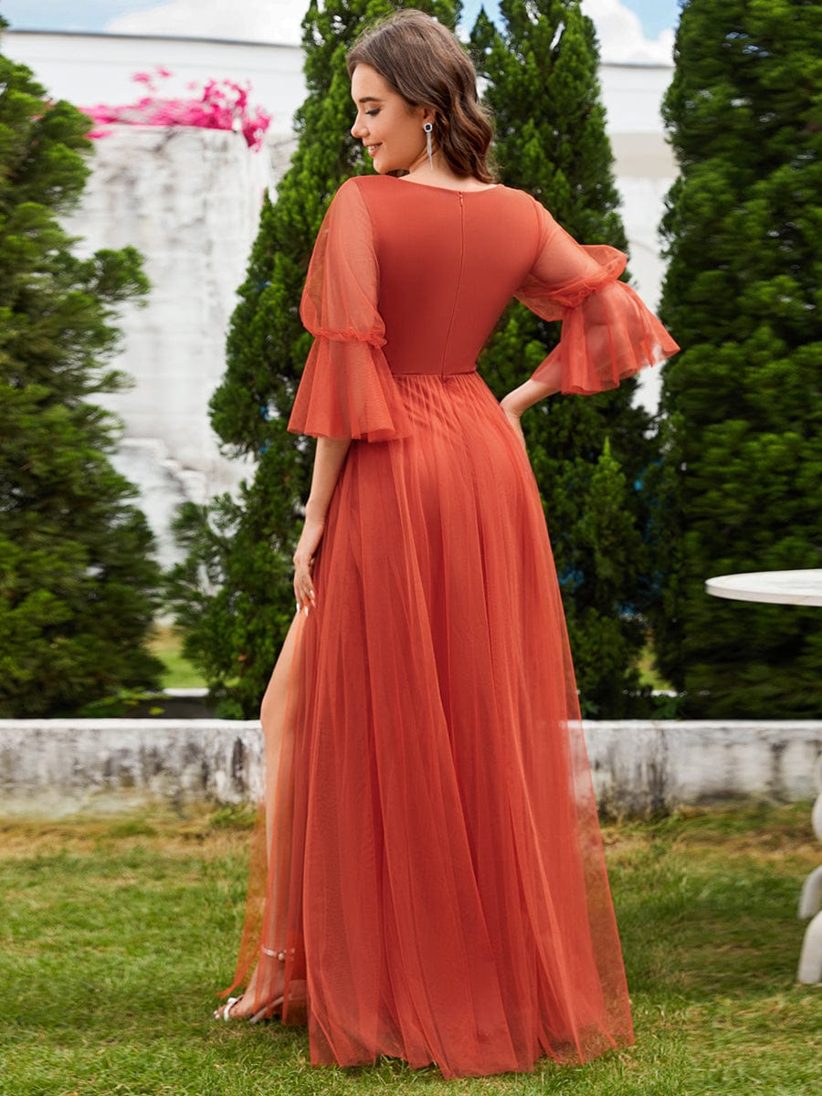 Lantern Long Sleeve Split Maxi Bridesmaid Dresses #color_Burnt Orange