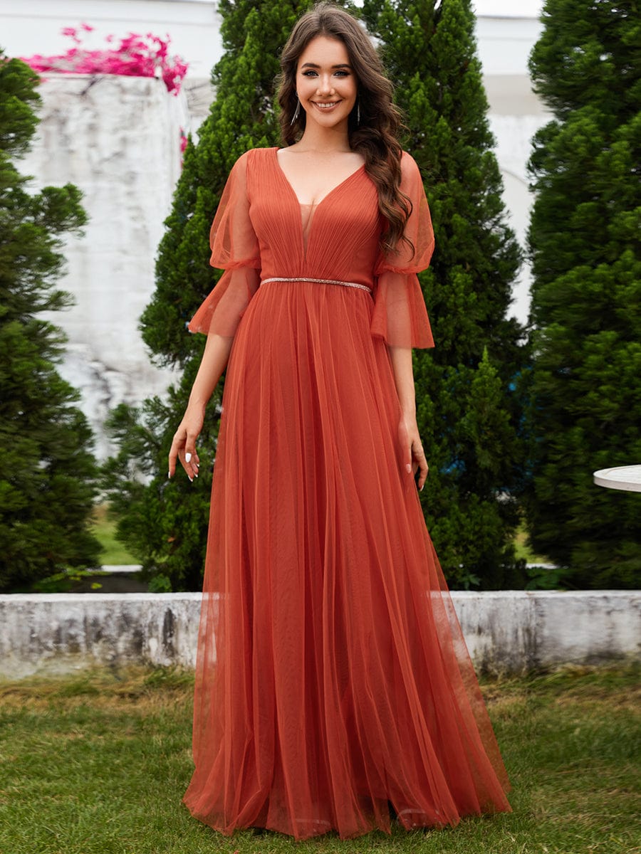 Lantern Long Sleeve Split Maxi Bridesmaid Dresses #color_Burnt Orange