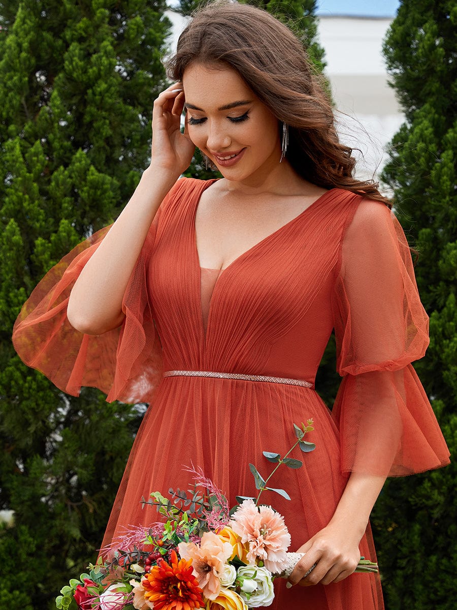 Lantern Long Sleeve Split Maxi Bridesmaid Dresses #color_Burnt Orange