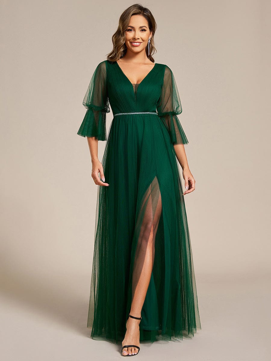 Lantern Long Sleeve Split Maxi Bridesmaid Dresses #color_Dark Green