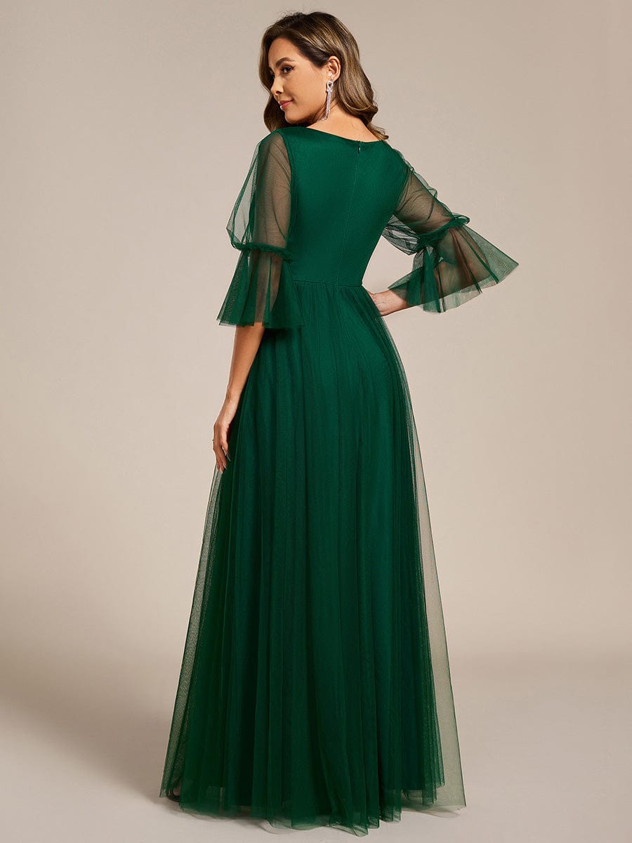 Lantern Long Sleeve Split Maxi Bridesmaid Dresses #color_Dark Green