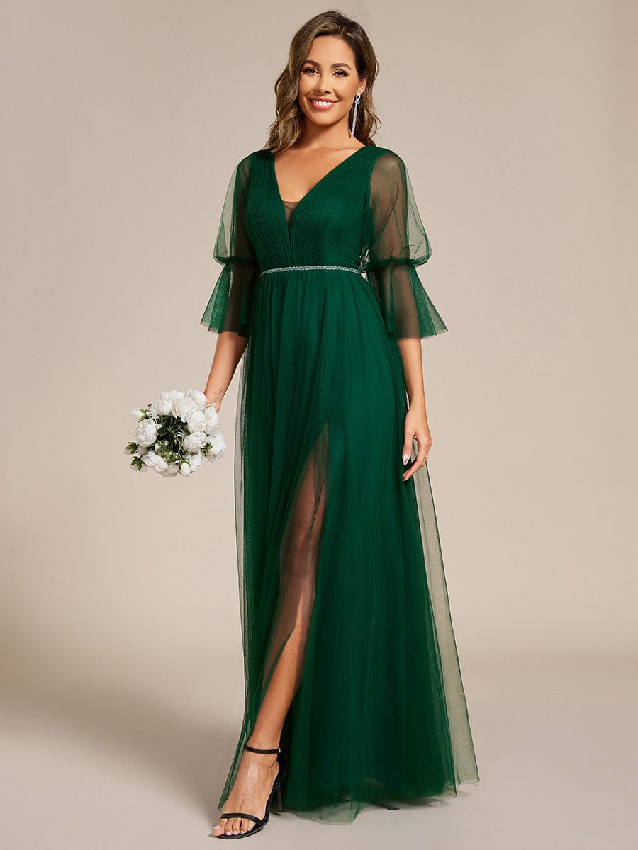 Lantern Long Sleeve Split Maxi Bridesmaid Dresses #color_Dark Green