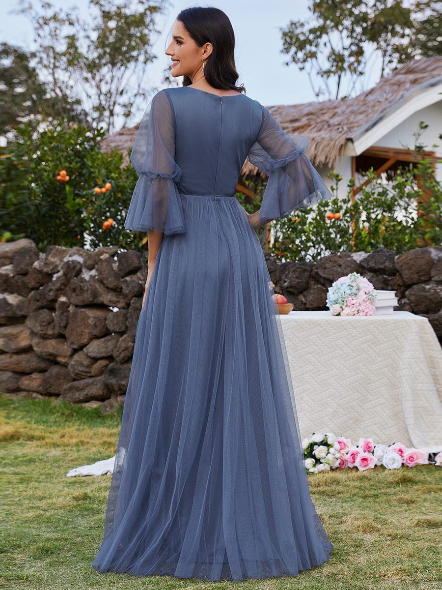 Lantern Long Sleeve Split Maxi Bridesmaid Dresses #color_Dusty Blue