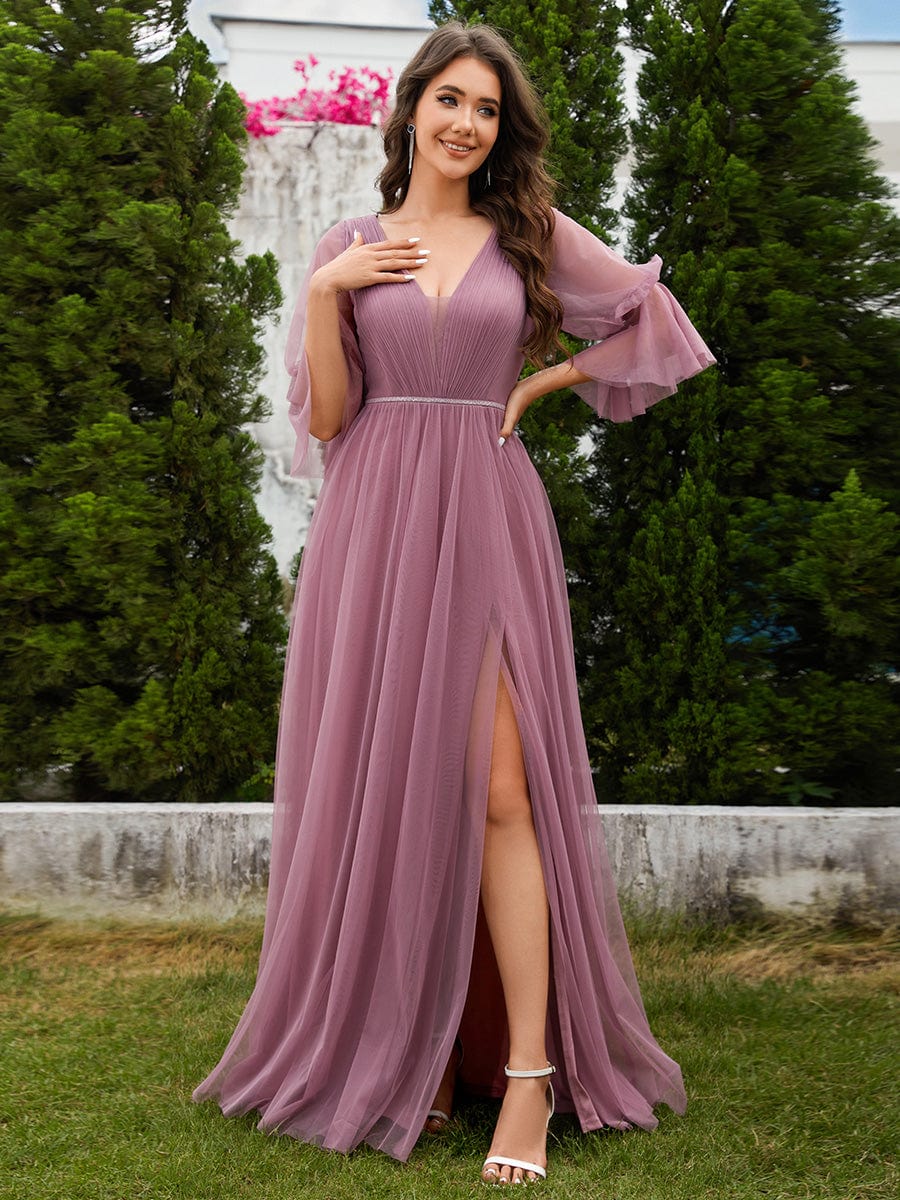 Lantern Long Sleeve Split Maxi Bridesmaid Dresses #color_Purple Orchid