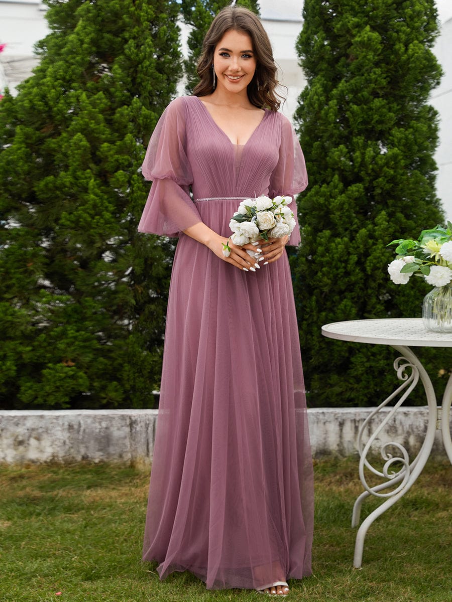 Lantern Long Sleeve Split Maxi Bridesmaid Dresses #color_Purple Orchid