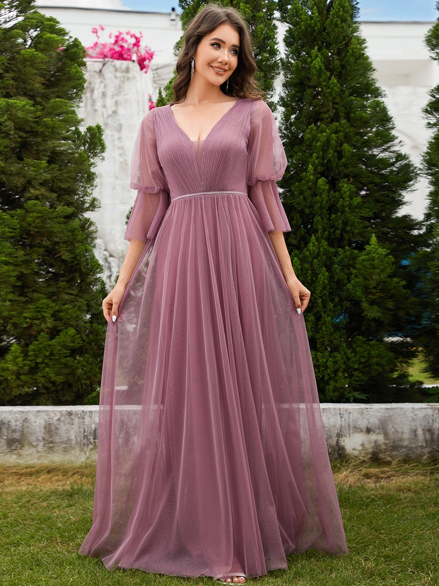 Lantern Long Sleeve Split Maxi Bridesmaid Dresses #color_Purple Orchid