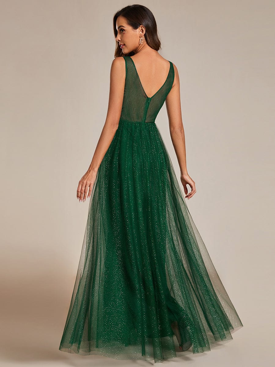 Glittering High Slit Sleeveless Bridesmaid Dress with Empire Waist #color_Dark Green