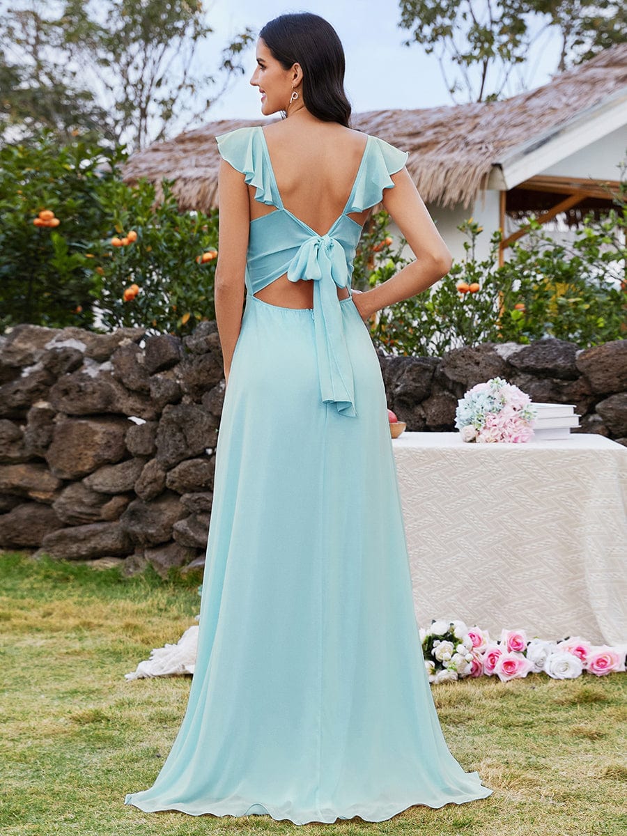 Bow-Tie Back Ruffle Sleeve Chiffon Bridesmaid Dress with High Slit and U-Neck #color_Sky Blue