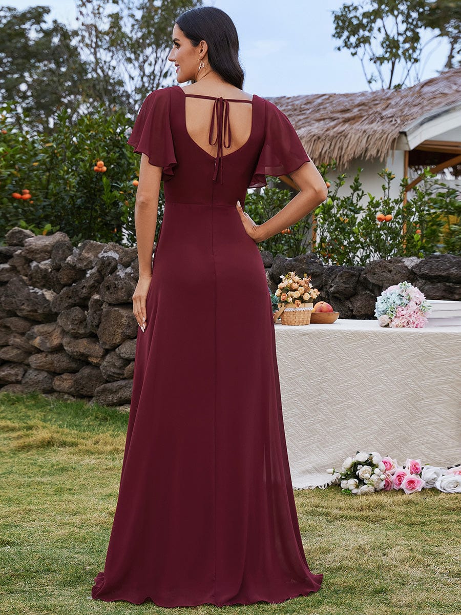 U-Neck and Back Tie High Slit Bridesmaid Dress with Ruffle Sleeves #color_Burgundy