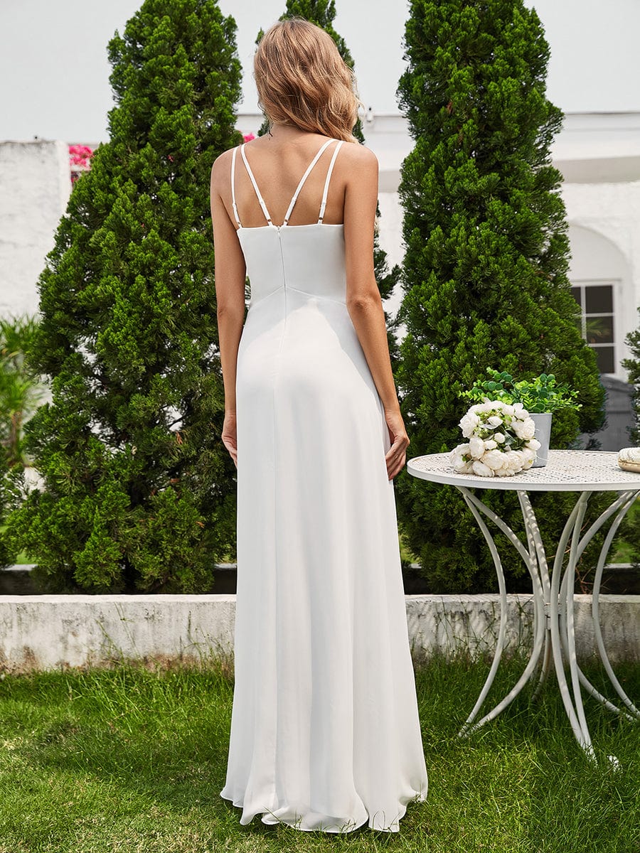 Flowy Pleated Chiffon Bridesmaid Dress with Adjustable Straps #color_White