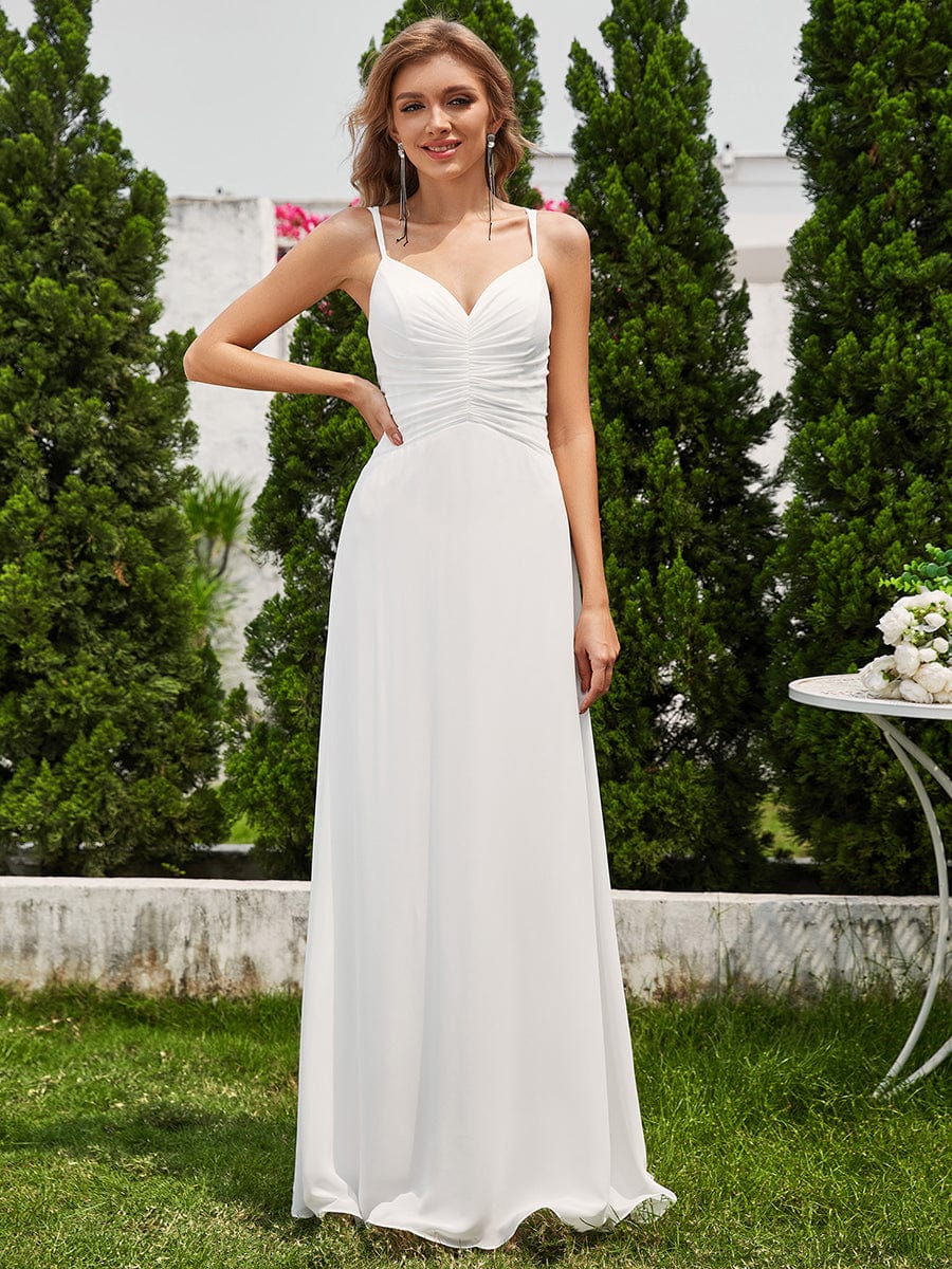 Flowy Pleated Chiffon Bridesmaid Dress with Adjustable Straps #color_White