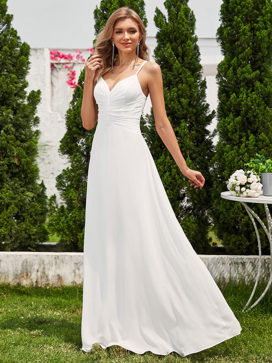 Flowy Pleated Chiffon Bridesmaid Dress with Adjustable Straps #color_White