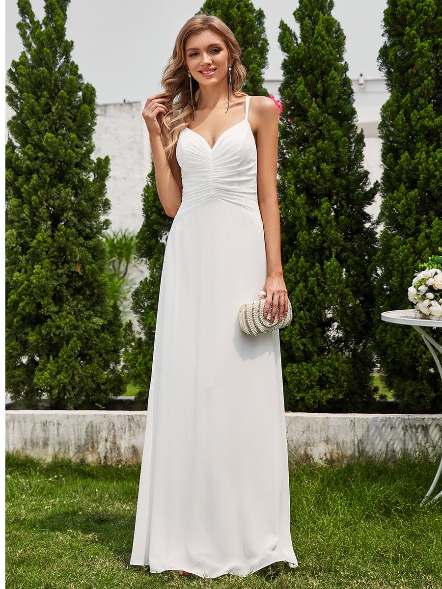 Flowy Pleated Chiffon Bridesmaid Dress with Adjustable Straps #color_White