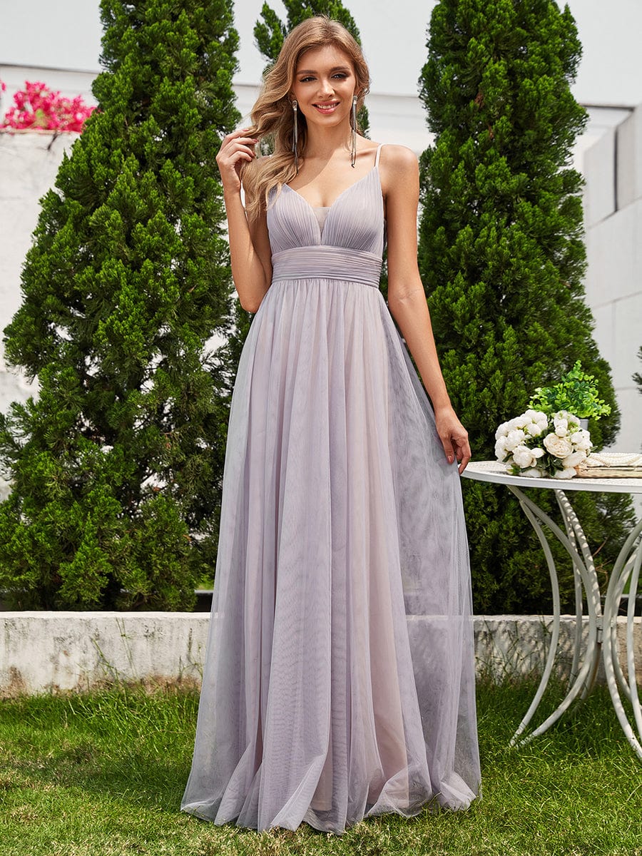 High-Waisted Backless See-Through Tulle Bridesmaid Dress with V-Neck #color_Grey