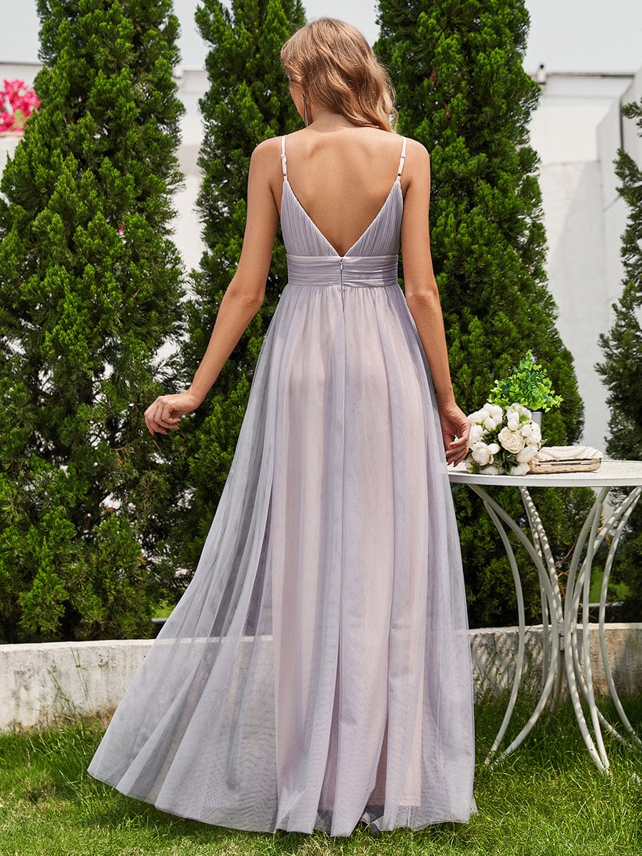 High-Waisted Backless See-Through Tulle Bridesmaid Dress with V-Neck #color_Grey