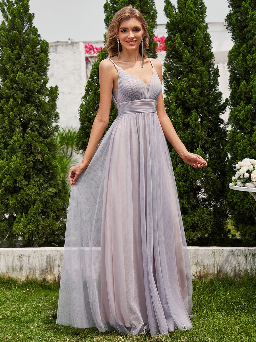 High-Waisted Backless See-Through Tulle Bridesmaid Dress with V-Neck #color_Grey