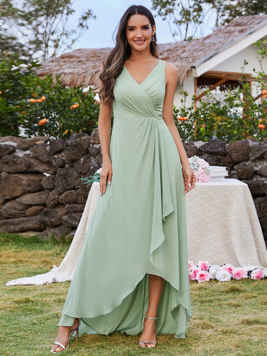 V-Neck Sleeveless High-Low Bridesmaid Dress with Waist Pleating - Ever ...