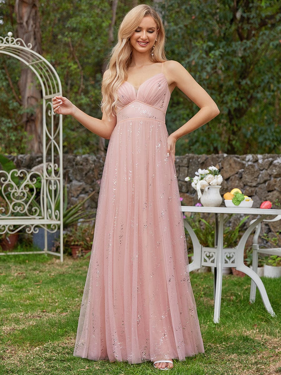 Sequined V-neck Tulle Bridesmaid Dress with empire waist #color_Pink