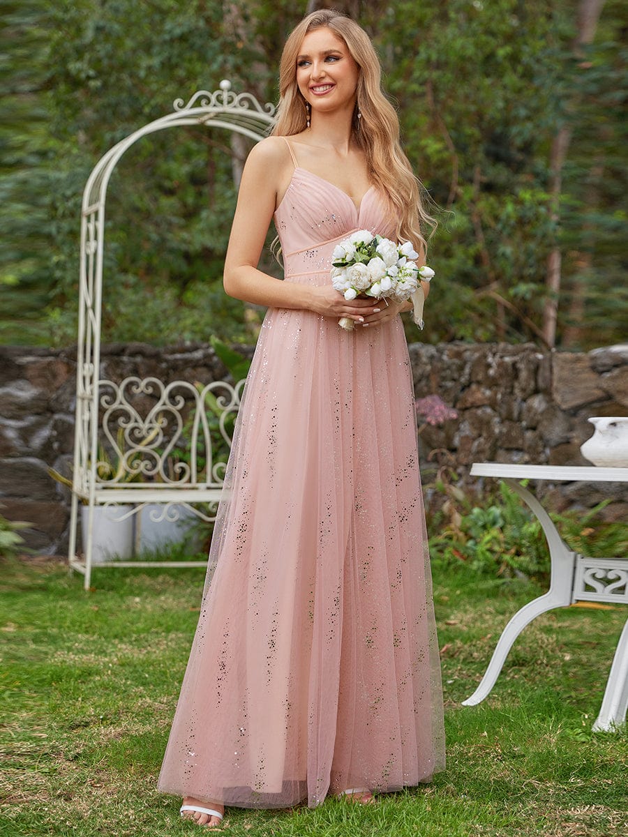 Sequined V-neck Tulle Bridesmaid Dress with empire waist #color_Pink