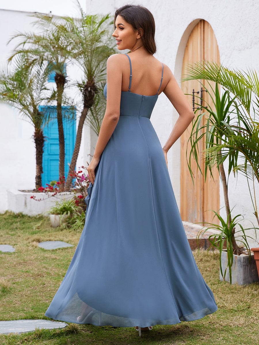 Charming Sleeveless Chiffon Lotus Leaf Bridesmaid Dress with V-Neck #color_Dusty Navy