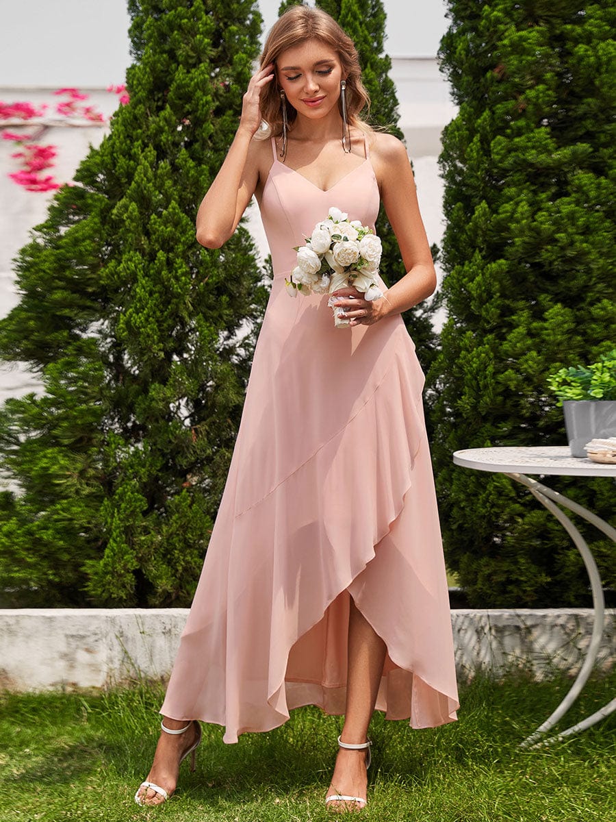 Charming Sleeveless Chiffon Lotus Leaf Bridesmaid Dress with V-Neck #color_Pink