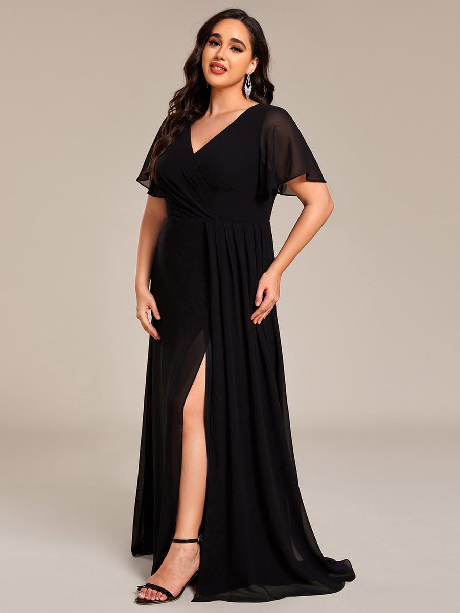 Plus Size High Slit V-Neck Empire Waist Chiffon Bridesmaid Dress #color_Black