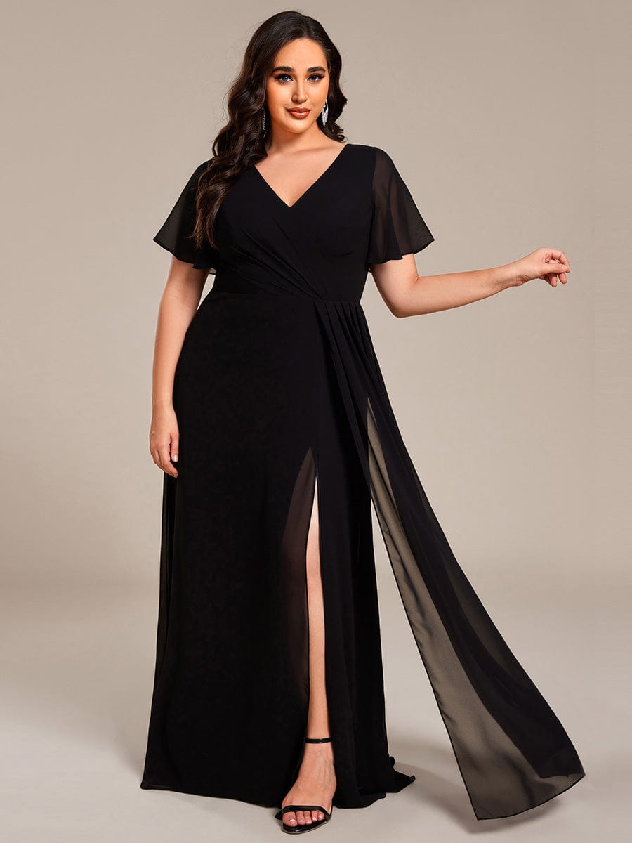 Plus Size High Slit V-Neck Empire Waist Chiffon Bridesmaid Dress #color_Black