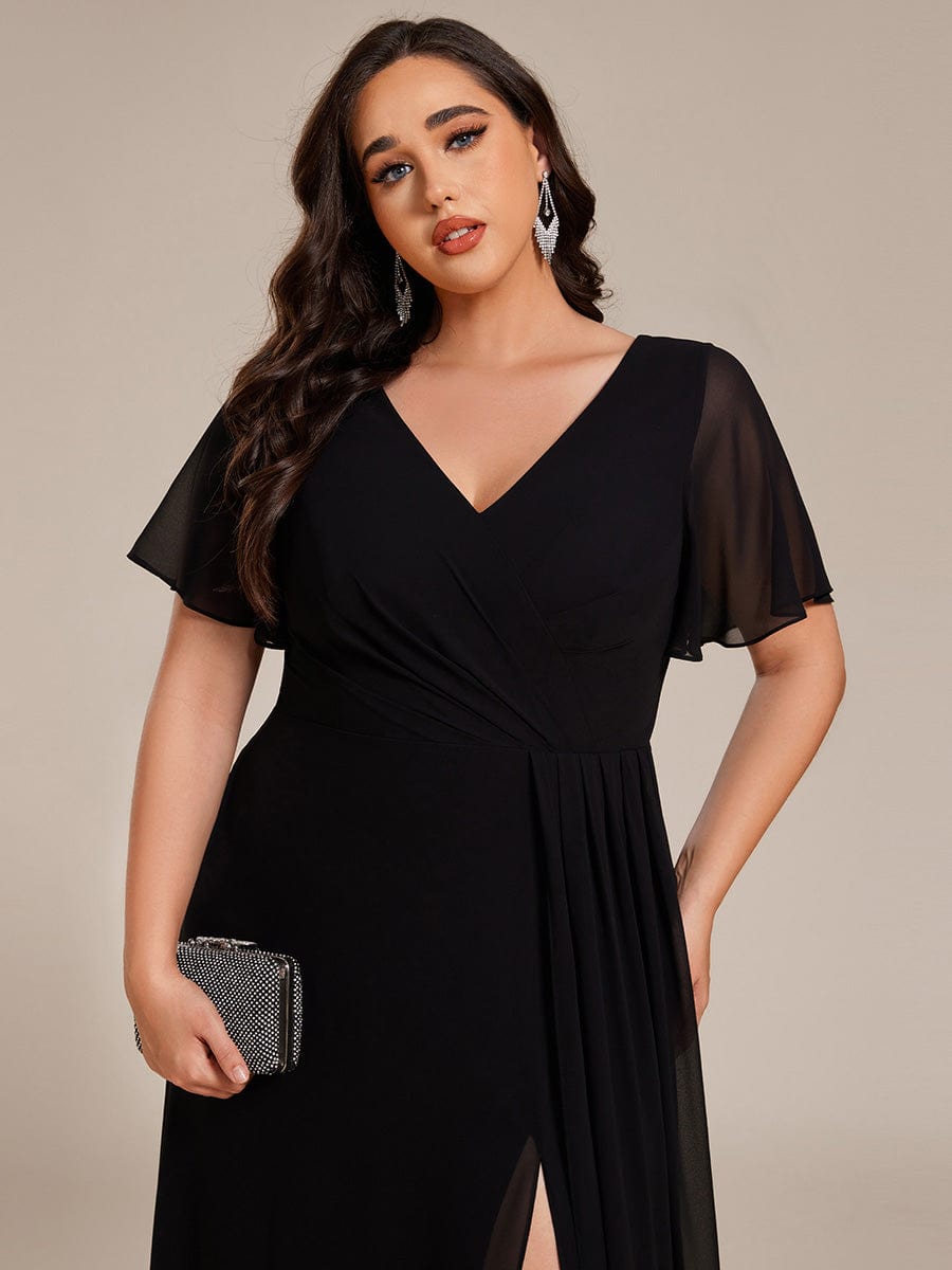 Plus Size High Slit V-Neck Empire Waist Chiffon Bridesmaid Dress #color_Black