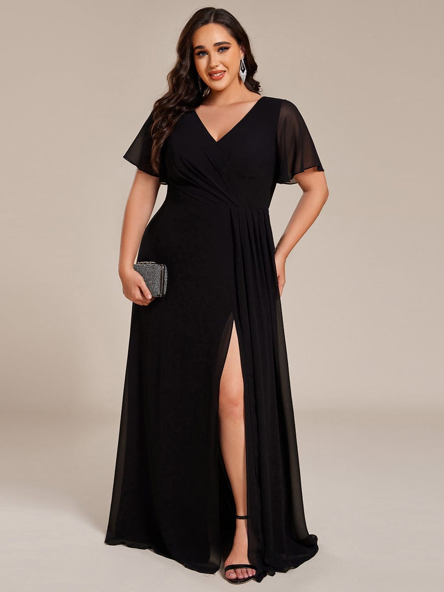 Plus Size High Slit V-Neck Empire Waist Chiffon Bridesmaid Dress #color_Black