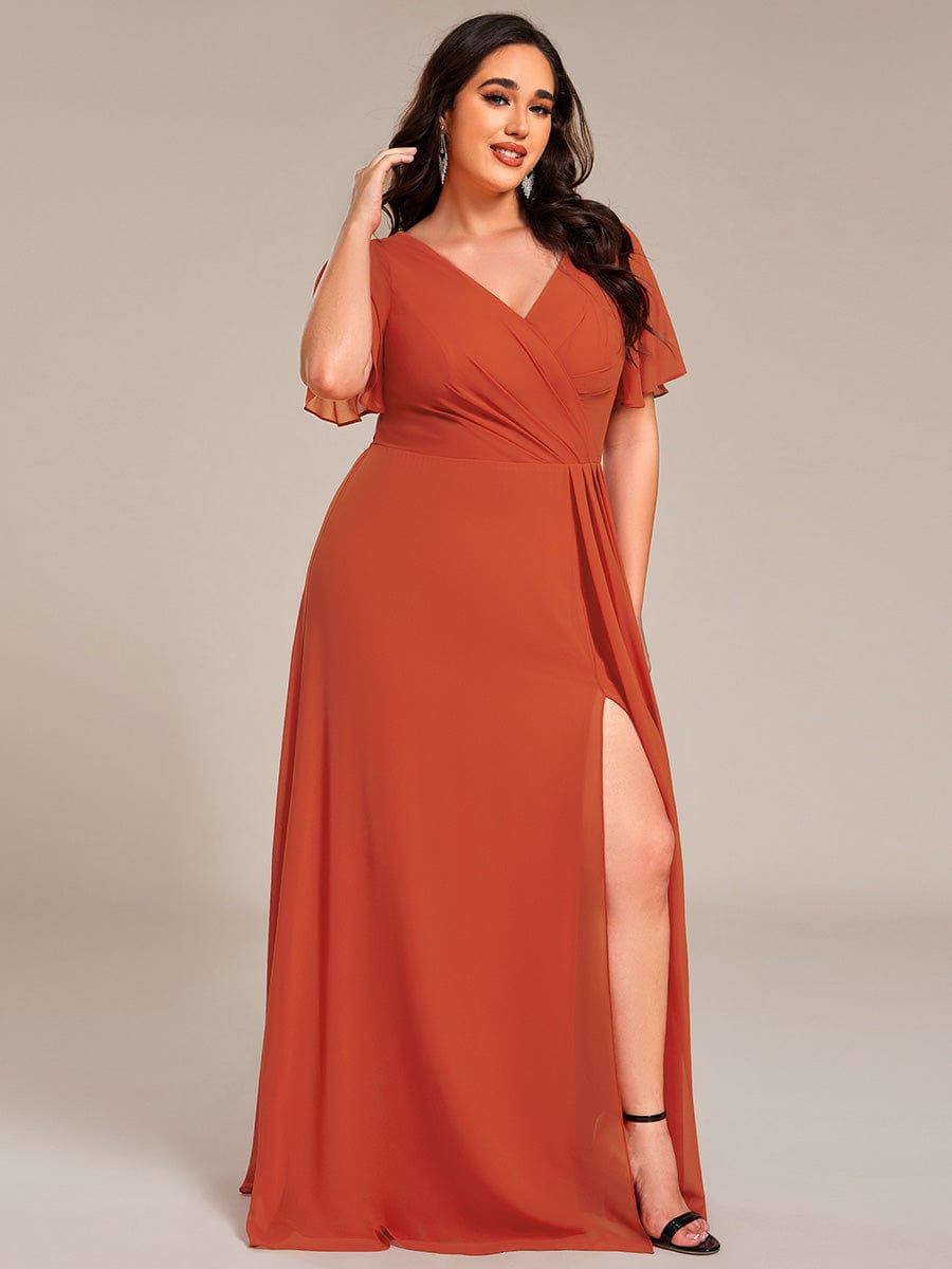 Plus Size High Slit V-Neck Empire Waist Chiffon Bridesmaid Dress #color_Burnt Orange