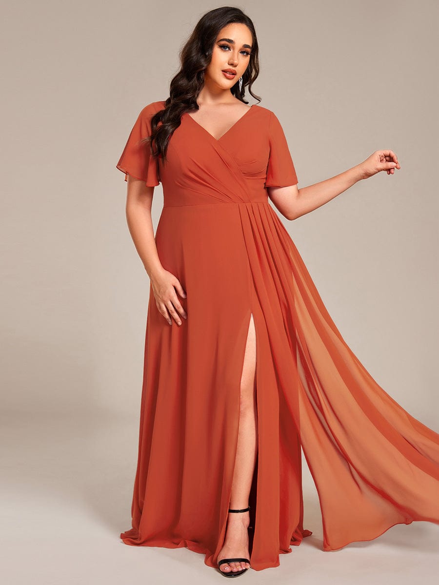 Plus Size High Slit V-Neck Empire Waist Chiffon Bridesmaid Dress #color_Burnt Orange