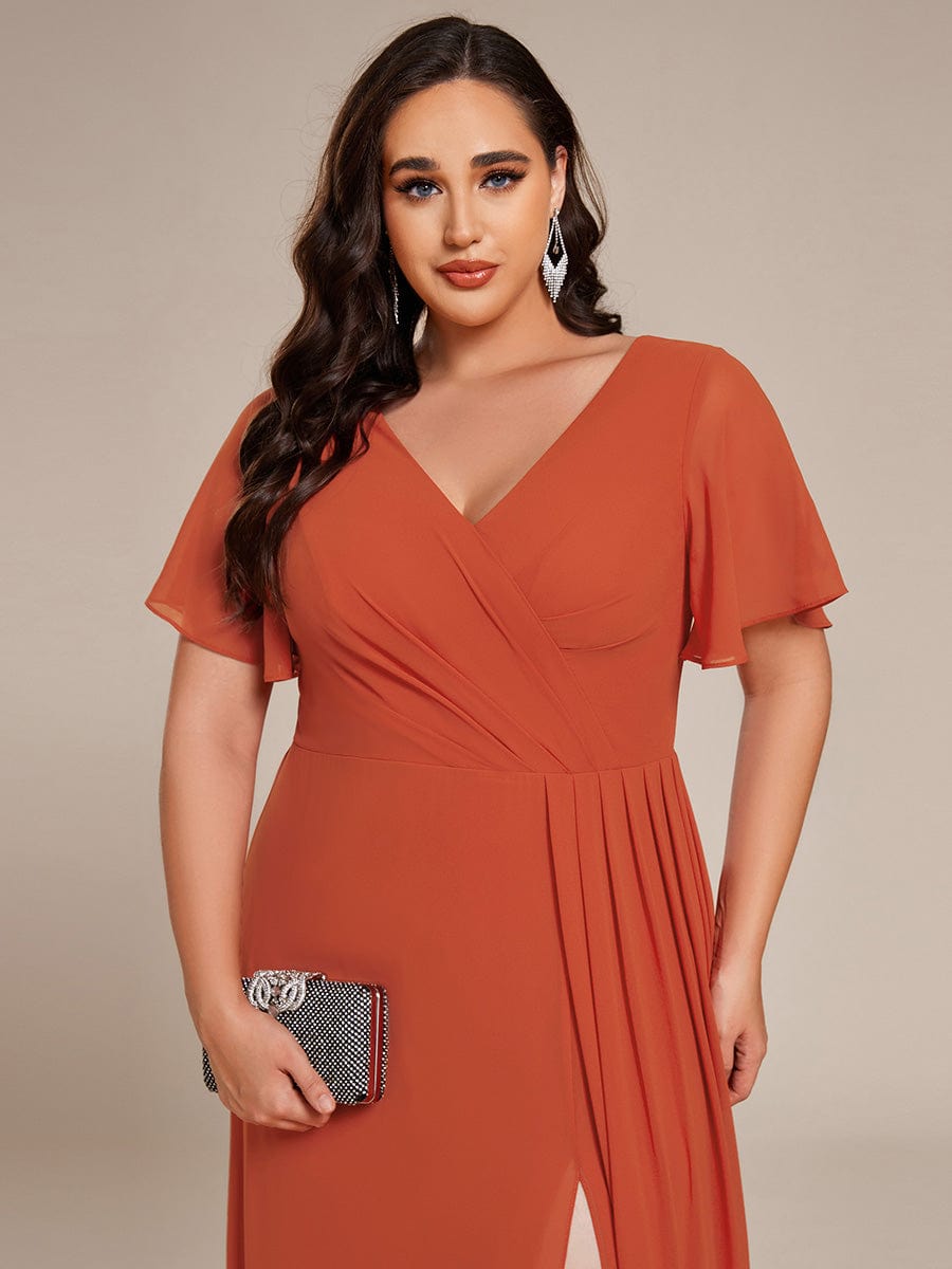 Plus Size High Slit V-Neck Empire Waist Chiffon Bridesmaid Dress #color_Burnt Orange