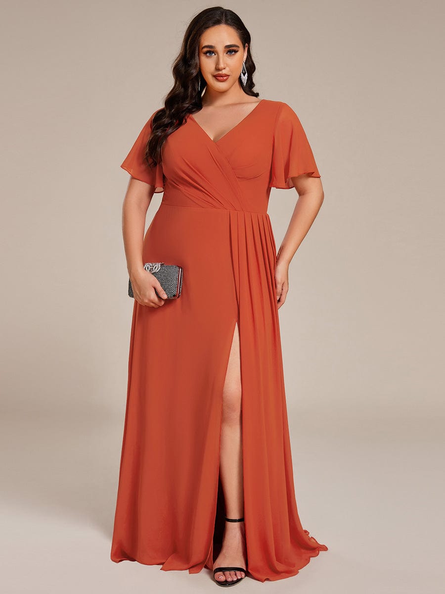 Plus Size High Slit V-Neck Empire Waist Chiffon Bridesmaid Dress #color_Burnt Orange