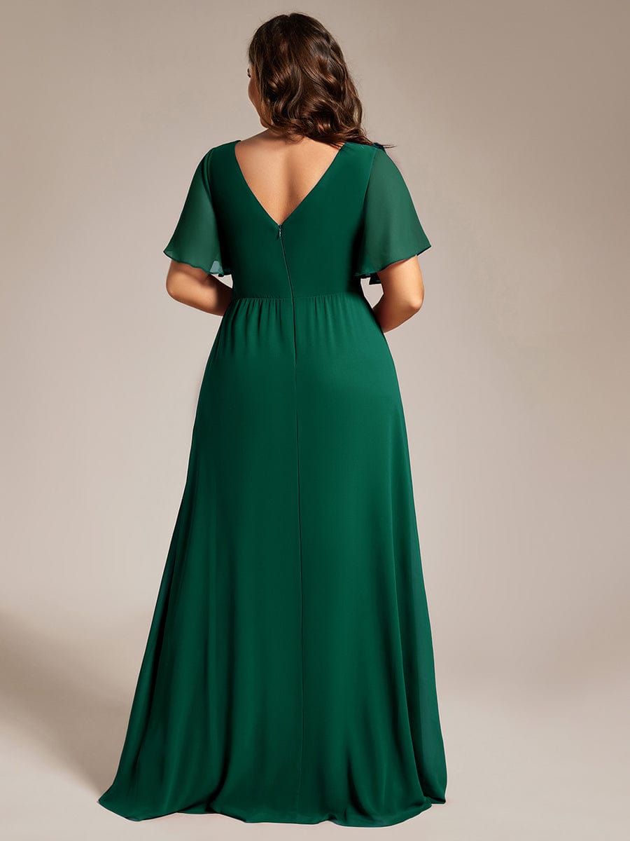 Plus Size High Slit V-Neck Empire Waist Chiffon Bridesmaid Dress #color_Dark Green