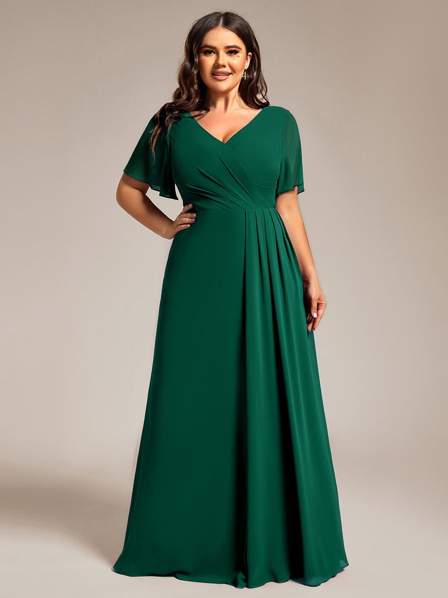 Plus Size High Slit V-Neck Empire Waist Chiffon Bridesmaid Dress #color_Dark Green