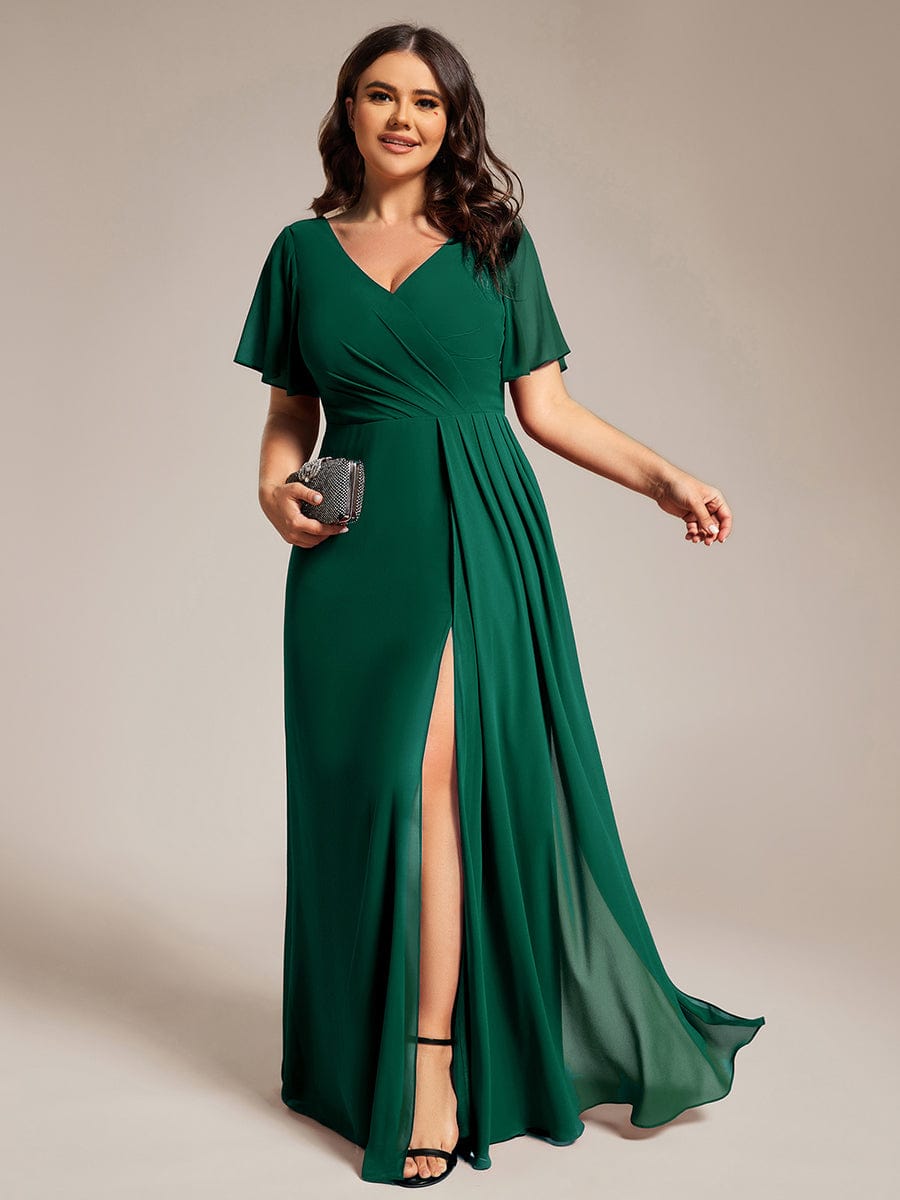 Plus Size High Slit V-Neck Empire Waist Chiffon Bridesmaid Dress #color_Dark Green