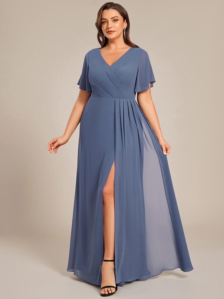 High Slit V-Neck Chiffon High Waist Bridesmaid Dress with Ruffle Sleeve #color_Dusty Blue