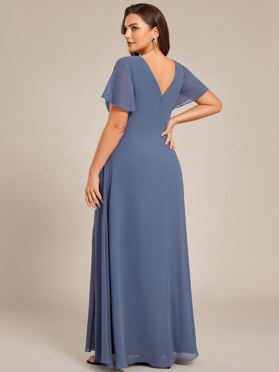 High Slit V-Neck Chiffon High Waist Bridesmaid Dress with Ruffle Sleeve #color_Dusty Blue