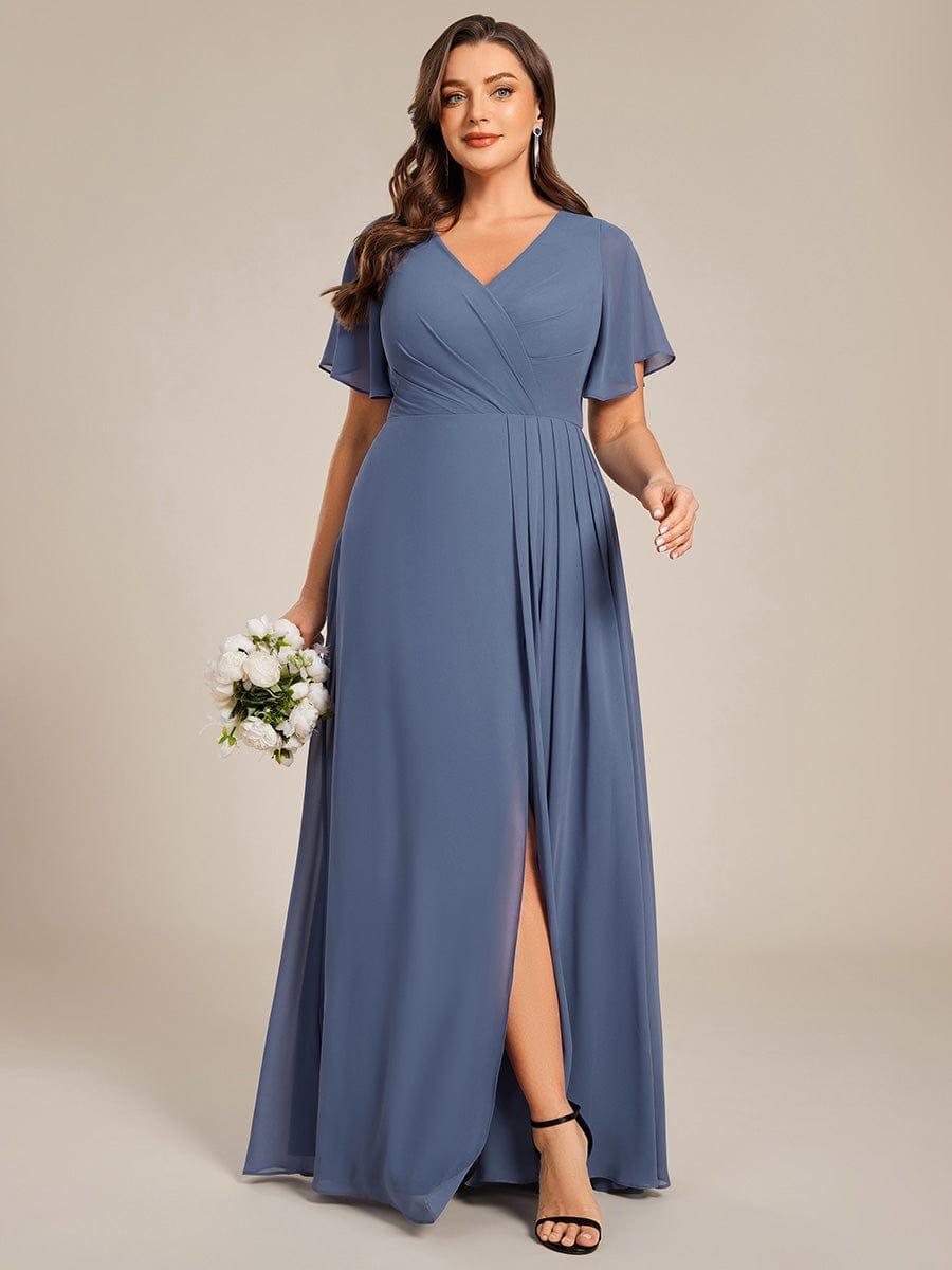 Plus Size High Slit V-Neck Empire Waist Chiffon Bridesmaid Dress #color_Dusty Blue