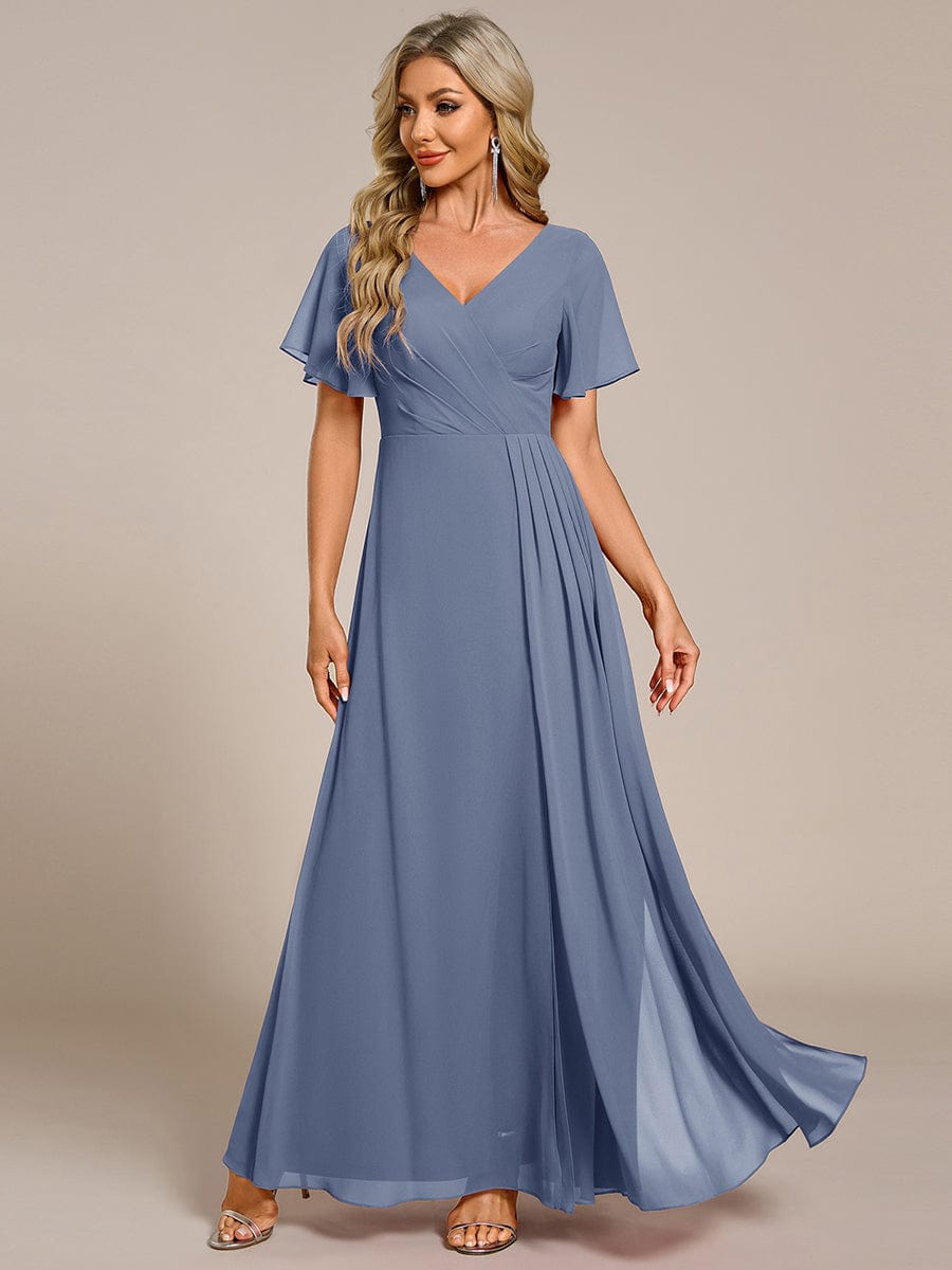 High Slit V-Neck Chiffon High Waist Bridesmaid Dress with Ruffle Sleeve #color_Dusty Blue