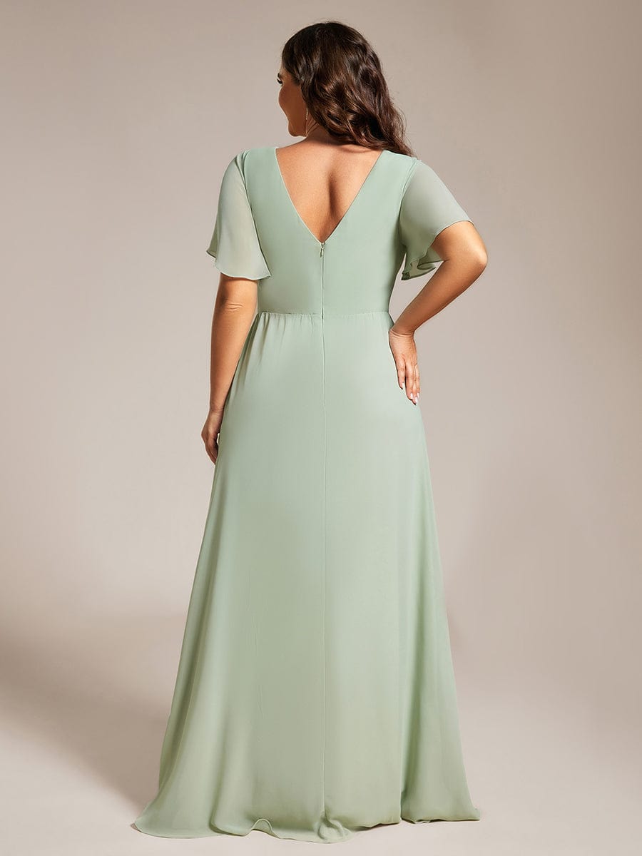 Plus Size High Slit V-Neck Empire Waist Chiffon Bridesmaid Dress #color_Mint Green