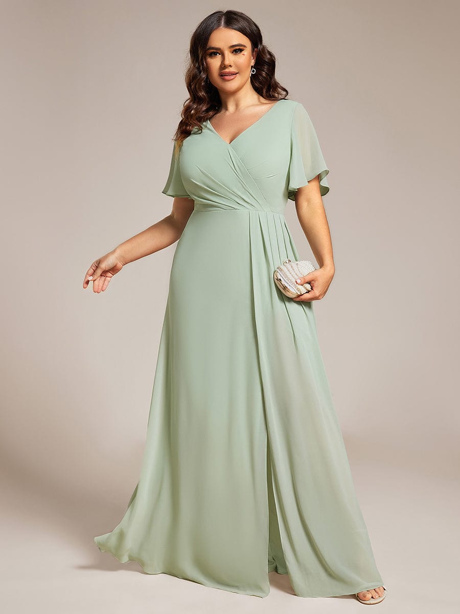Plus Size High Slit V-Neck Empire Waist Chiffon Bridesmaid Dress #color_Mint Green