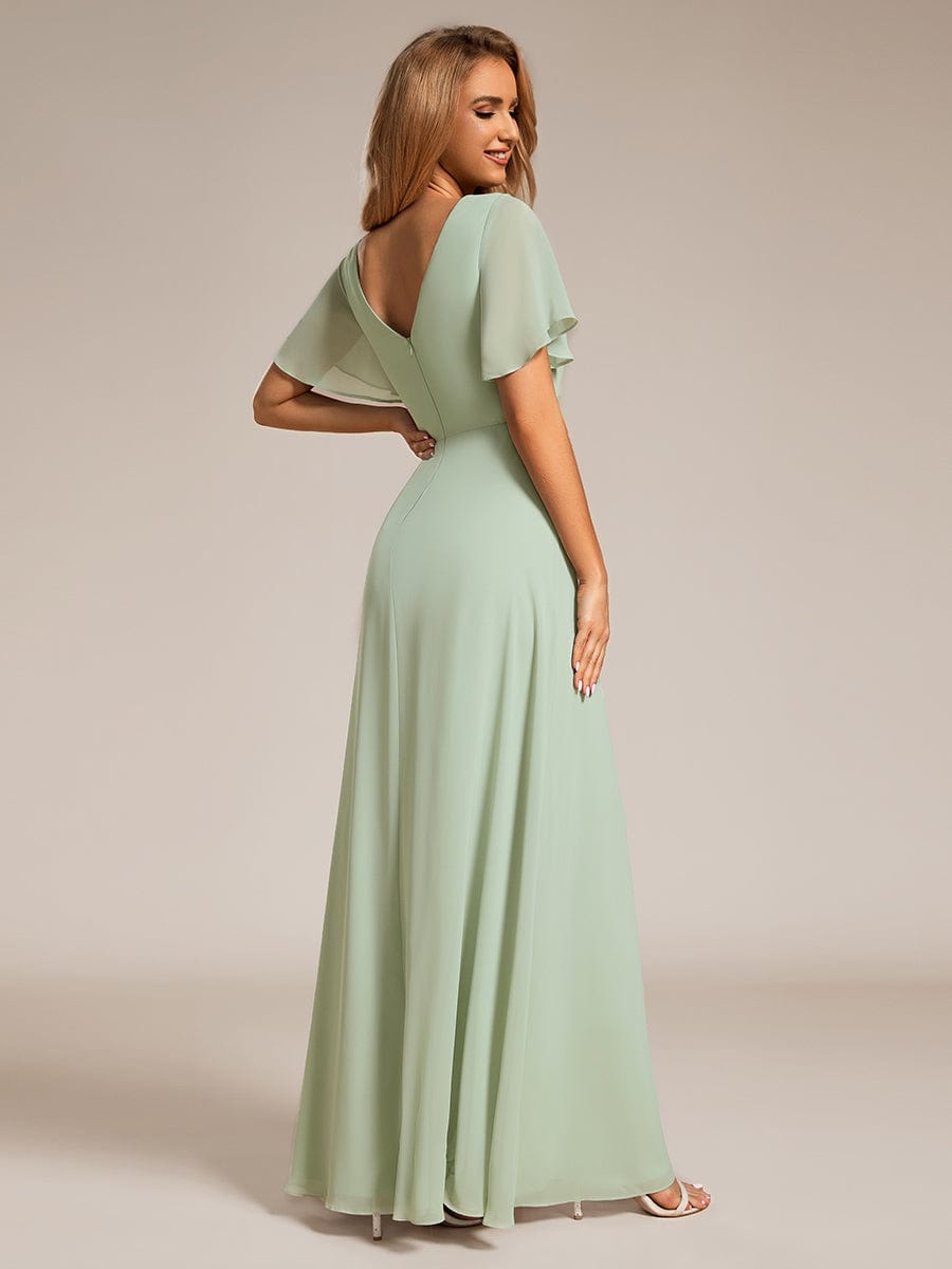 High Slit V-Neck Chiffon High Waist Bridesmaid Dress with Ruffle Sleeve #color_Mint Green